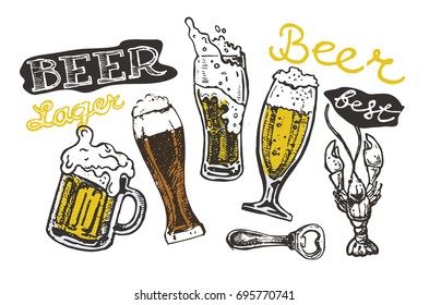 Vector  beer glasses and mugs in hand drawn style. Drink beer. Vector illustration.