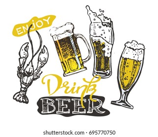 Vector  beer glasses and mugs in hand drawn style. Drink beer. Vector illustration.