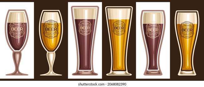 Vector Beer Glasses Set, lot collection of cut out illustrations assorted refreshing beer with diverse labels on black and white background.