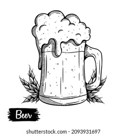 Vector of beer glasses and wheat in ink hand drawn style. isolated on white background