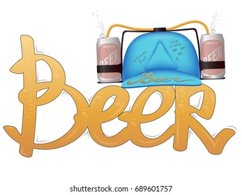vector beer hat and the word beer with bubbles. humorous handwriting on the cap