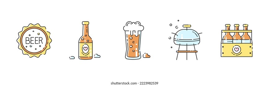 Vector beer icons. Beer can, beer bottle, stout foamy mug of beer, bbq grill, pack of bottles. Modern colorful and cute flat design set.