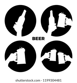 Vector beer icons of set. Black and white beer in hands silhouettes isolated illustration monochrome