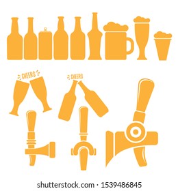 vector beer icons set isolated on white background. Vector beer mug, bottle, aluminium beer can, beer tap and glass label collection design template. Cheers icon