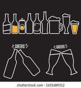 vector beer icons set isolated on black background. Vector beer mug, bottle, aluminium beer can and glass label collection design template. Cheers icon