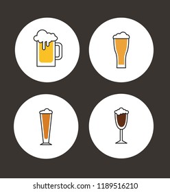 Vector beer icons set. Line icons of alcohol drinks for bar or pub. Different types of beer in glasses