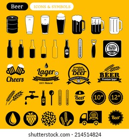 vector beer icons set, signs, labels & design elements - black & white on yellow