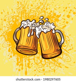 Ilustración de la cerveza vectorial sobre fondo de amarillo brillante, estilo vintage, tazas coloridas, dos tazas de cerveza.