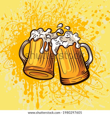 Vector Beer illustration on bright yello background, vintage style, colorful mugs, two beer mugs.