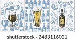 Vector beer illustration set. Beer bottles, glass, mug, snacks, hand holding beer bottle. Food and drink background template. For cafe and bar menu, craft brewery design.