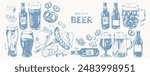 Vector beer illustration set. Beer bottles, glass, mug, snacks, hand holding beer bottle. Food and drink background template. For cafe and bar menu, craft brewery design.