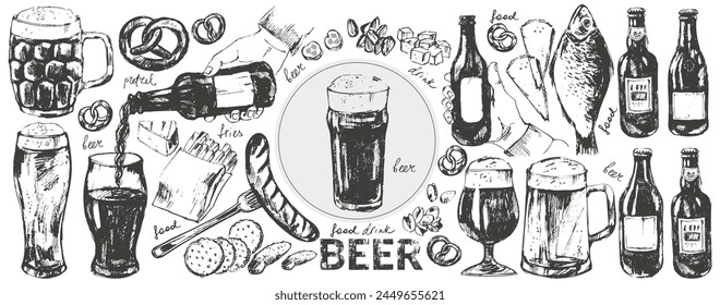 Vector beer illustration set. Beer bottles, glass, mug, snacks, hand holding beer bottle. Food and drink background template. For cafe and bar menu, craft brewery design.