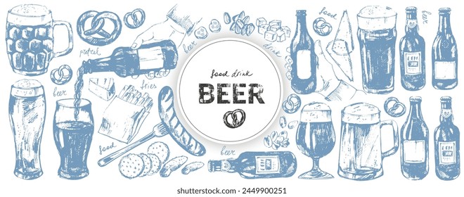 Vector beer illustration set. Beer bottles, glass, mug, snacks, hand holding beer bottle. Food and drink background template. For cafe and bar menu, craft brewery design.