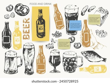 Vector beer illustration set. Beer bottles, glass, mug, snacks, hand holding beer bottle. Food and drink background template. For cafe and bar menu, craft brewery design.