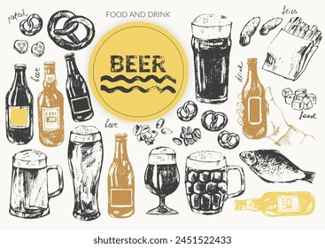 Conjunto de ilustración de cerveza de Vector. Botellas de cerveza, vidrio, taza, bocadillos, mano sosteniendo botella de cerveza. Comida y bebida Plantilla de fondo. Para el menú de café y bar, diseño de cervecería artesanal.