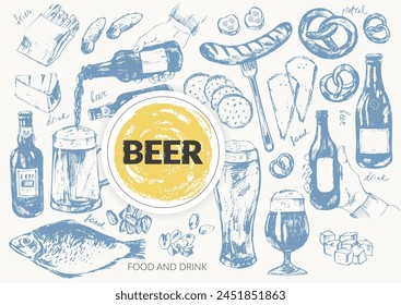 Vector beer illustration set. Beer bottles, glass, mug, snacks, hand holding beer bottle. Food and drink background template. For cafe and bar menu, craft brewery design.