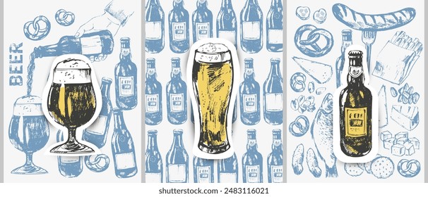 Vector beer illustration set. Beer bottles, glass, mug, snacks, hand holding beer bottle. Food and drink background template. For cafe and bar menu, craft brewery design.