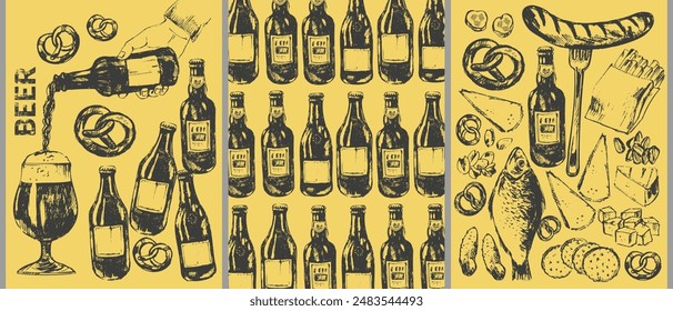 Vector beer illustration set. Beer bottles, glass, mug, snacks, hand holding beer bottle. Food and drink background template. For cafe and bar menu, craft brewery design.