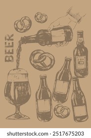 Vector beer illustration set. Beer bottles, glass, snack pretzel, hand holding beer bottle. Food and drink background template. For cafe and bar menu, craft brewery design.