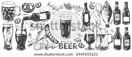 Vector beer illustration set. Beer bottles, glass, mug, snacks, hand holding beer bottle. Food and drink background template. For cafe and bar menu, craft brewery design.