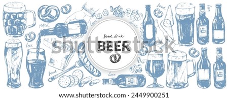 Vector beer illustration set. Beer bottles, glass, mug, snacks, hand holding beer bottle. Food and drink background template. For cafe and bar menu, craft brewery design.
