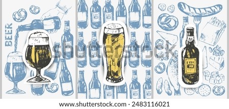 Vector beer illustration set. Beer bottles, glass, mug, snacks, hand holding beer bottle. Food and drink background template. For cafe and bar menu, craft brewery design.