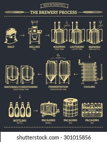 Vector beer infographics with illustrations of brewery process and equipment. Ale producing design. Lager production hand sketched scheme.
