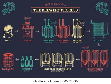 Vector beer infographics with illustrations of brewery process and equipment. Ale producing design.  Hand sketched drawings of operations elements lager production. 
