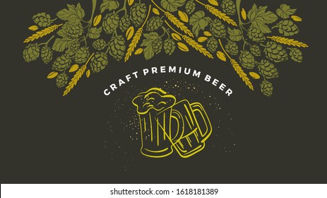 Vector beer ingredient of twig of hop, malt, wheat grain. Design template with hand-drawn graphic illustration in doodle style. Alcohol craft background, art template. Organic natural beverage
