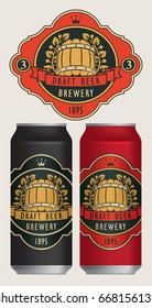 Vector beer label with barrel, laurel wreath, ribbon and crown in retro style on a red background. Two templates labels for draft beer on beer cans.