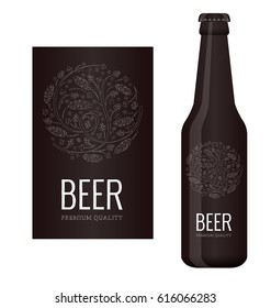 Vector beer label with chalk floral ornament of hops and malt