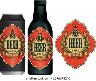 Vector beer label with coat of arms, wreath of wheat and ribbon in figured frame on a red background in retro style. Sample beer label on beer can and beer bottle