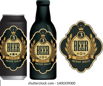 Vector beer label with coat of arms, wreath of wheat and ribbon in figured frame on black and gold background in retro style. Sample beer label on beer can and beer bottle