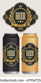 Vector beer label with coat of arms, wreath of wheat and ribbon in curly frame on black background in retro style. Two templates labels for beer on beer cans.