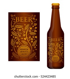 Vector beer label with floral ornament of hops and malt