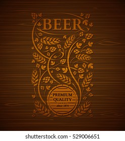 Vector beer label with floral ornament of hops and malt