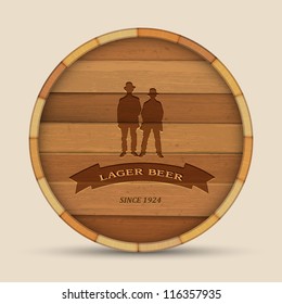 Vector beer label in form wooden barrel with two men