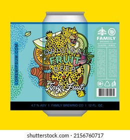 Vector Beer Label With Leopard and Tropical Fruits. Custom Beer Label Design.