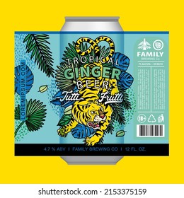 Vector Beer Label With Tiger and Tropical Leaves. Custom Beer Label Design.