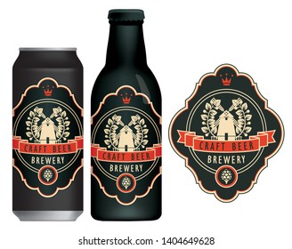 Vector beer label with windmill, laurel wreath and ribbon in figured frame on the black background in retro style. Sample beer label on beer can and beer bottle