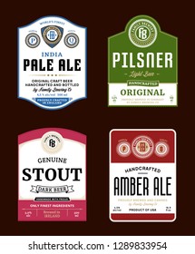 Vector beer labels and design elements. Pale ale, pilsner, stout and amber ale labels. Brewing company branding and identity design elements.