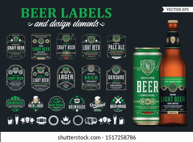 Vector beer labels and design elements. Realistic glass bottle and aluminium can mockup. Brewing company branding and identity icons, badges, insignia and design elements