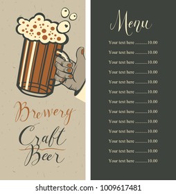 Vector beer menu with price list, and handwritten inscriptions Brewery, Craft beer. Illustration with a full glass of frothy beer in human hand on the old cardboard background in retro style