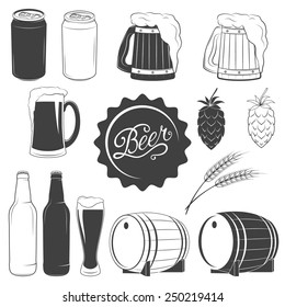 Vector beer monochrome icons set - can of beer, beer mug, beer glass, hops, wheat, beer bottle, barrel