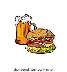 Vector Beer Mug with Burger, Colorful Vintage Style Illustration, Hand Drawn Food and Drink, Colorful Objects, Menu Illustration.