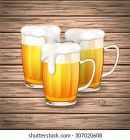 Vector beer mug glass on wooden plank background with shadow