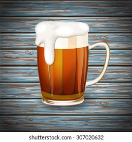 Vector beer mug glass on wooden plank background with shadow