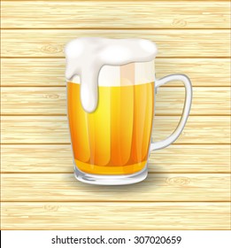 Vector beer mug glass on wooden plank background with shadow