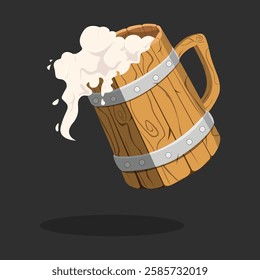 Vector beer mug with handle. Wooden glass of foam drink. A hand-drawn sketch. Engraving style. Color illustration for menu design, advertising, packaging, signage, banners, beer and restaurant Windows