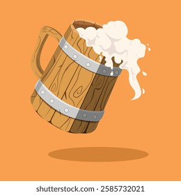 Vector beer mug with handle. Wooden glass of foam drink. A hand-drawn sketch. Engraving style. Color illustration for menu design, advertising, packaging, signage, banners, beer and restaurant Windows